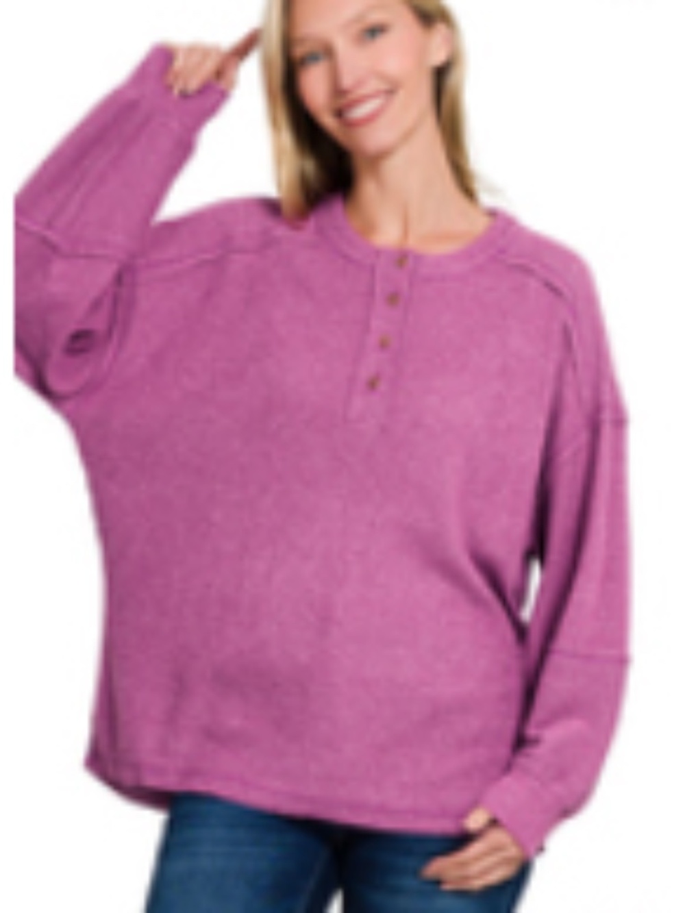 #1354 Zenana Full Size Ribbed Brushed Hacci Melange Henley Sweater